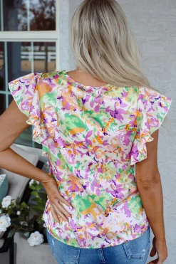 Fashion Dear-Lover Abstract Printed Ruffled Short Sleeve Notched Neck Blouse Purple