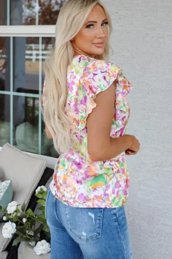 Fashion Dear-Lover Abstract Printed Ruffled Short Sleeve Notched Neck Blouse Purple