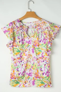 Fashion Dear-Lover Abstract Printed Ruffled Short Sleeve Notched Neck Blouse Purple