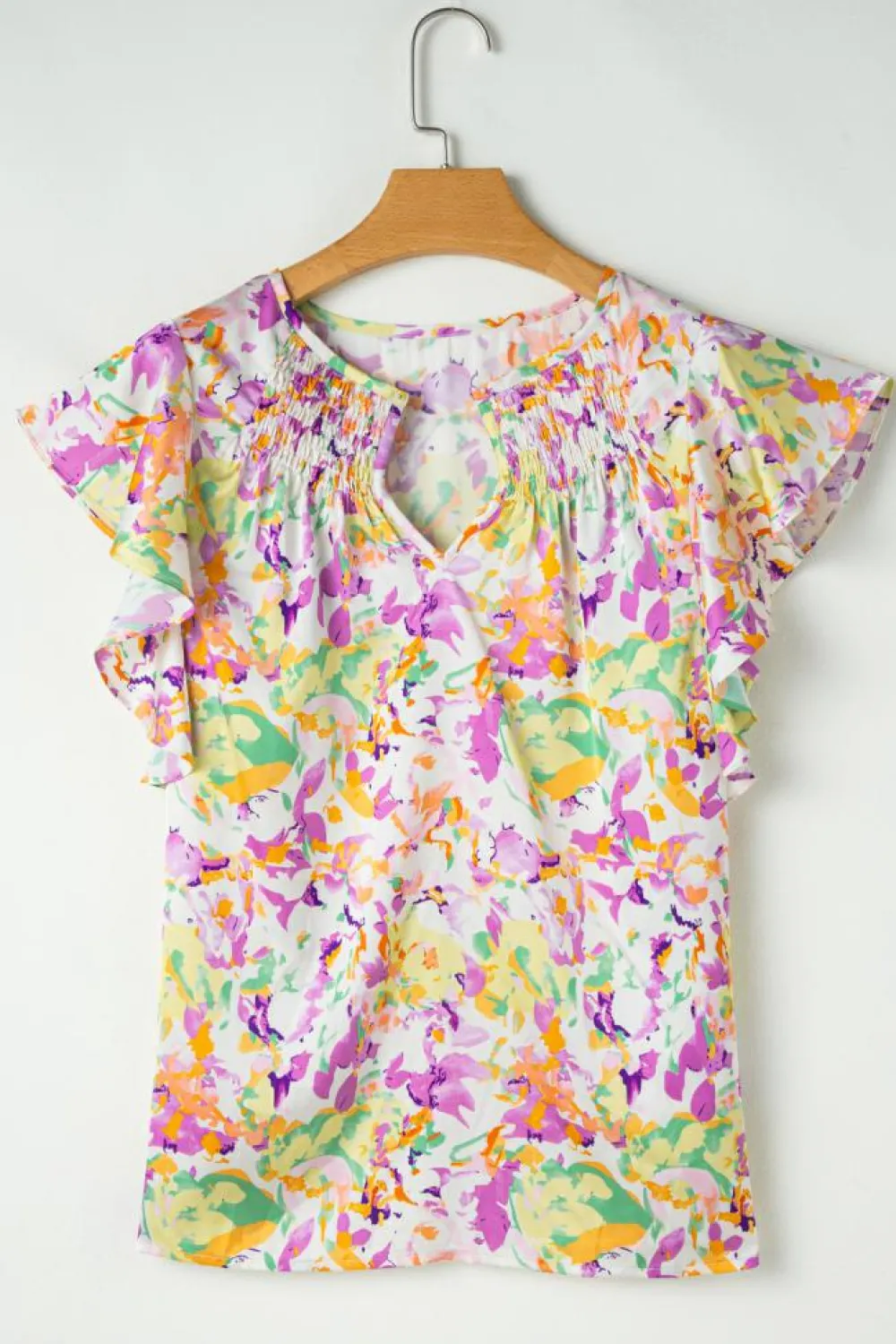 Fashion Dear-Lover Abstract Printed Ruffled Short Sleeve Notched Neck Blouse Purple