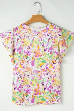 Fashion Dear-Lover Abstract Printed Ruffled Short Sleeve Notched Neck Blouse Purple