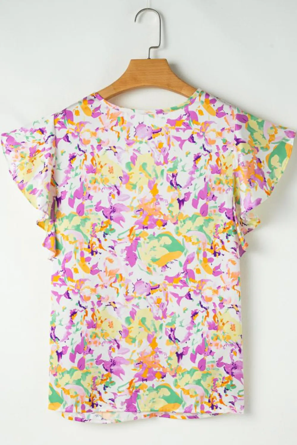 Fashion Dear-Lover Abstract Printed Ruffled Short Sleeve Notched Neck Blouse Purple