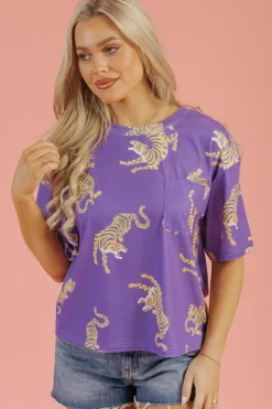 Outlet Dear-Lover Allover Tiger Printed Patch Pocket Loose T Shirt Purple
