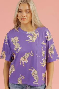 Outlet Dear-Lover Allover Tiger Printed Patch Pocket Loose T Shirt Purple