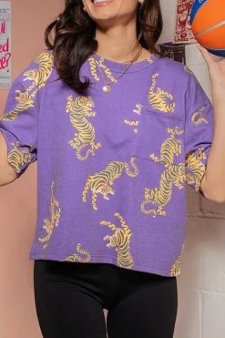 Outlet Dear-Lover Allover Tiger Printed Patch Pocket Loose T Shirt Purple
