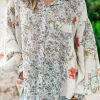 Clearance Dear-Lover Boho Floral Bishop Sleeve Button Up Loose Shirt Purple