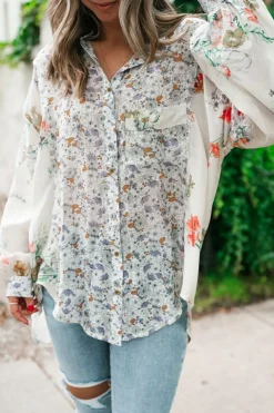 Clearance Dear-Lover Boho Floral Bishop Sleeve Button Up Loose Shirt Purple