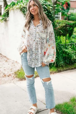Clearance Dear-Lover Boho Floral Bishop Sleeve Button Up Loose Shirt Purple