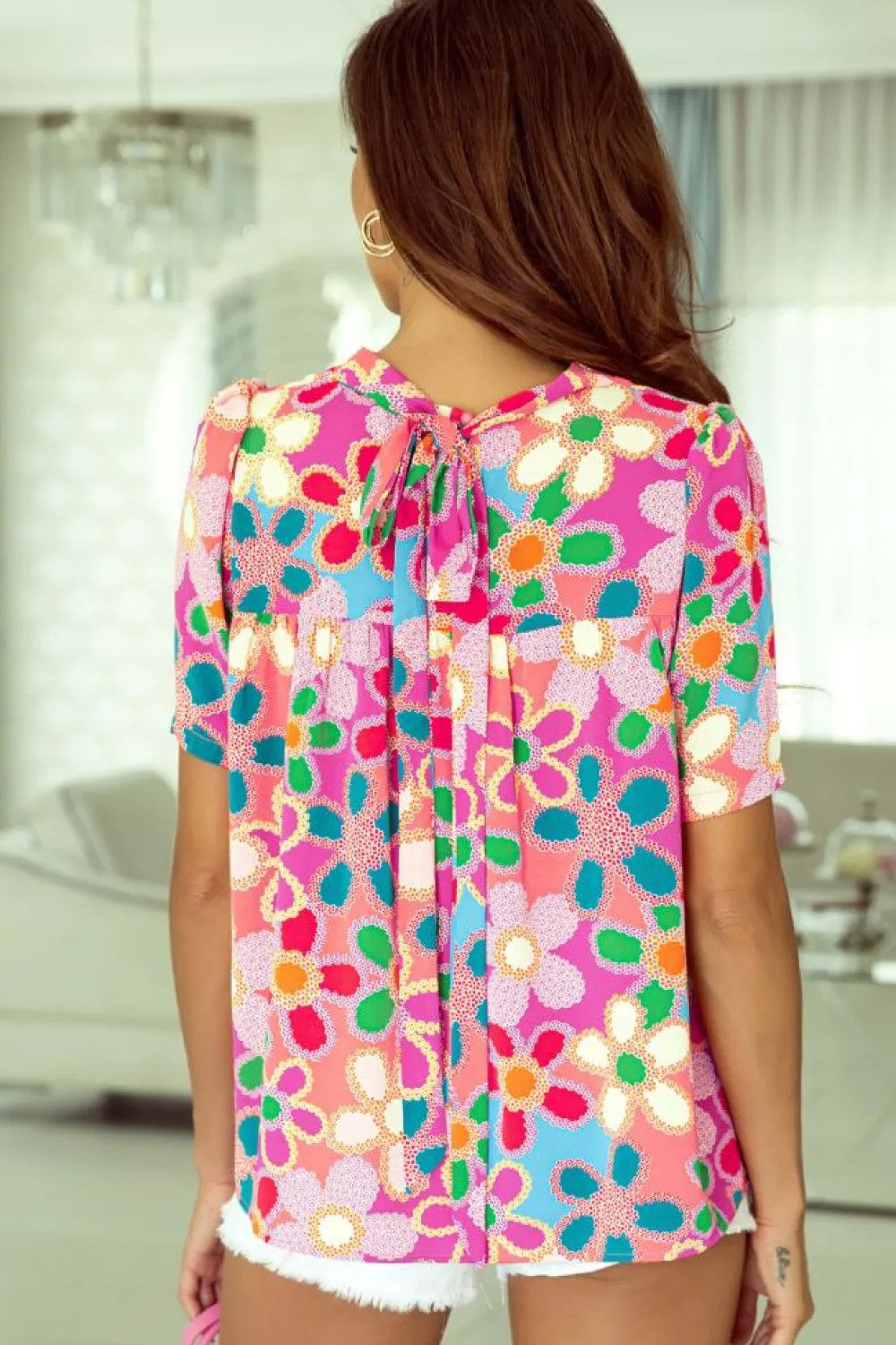 Best Dear-Lover Boho Flower Print Puff Short Sleeve Top Purple