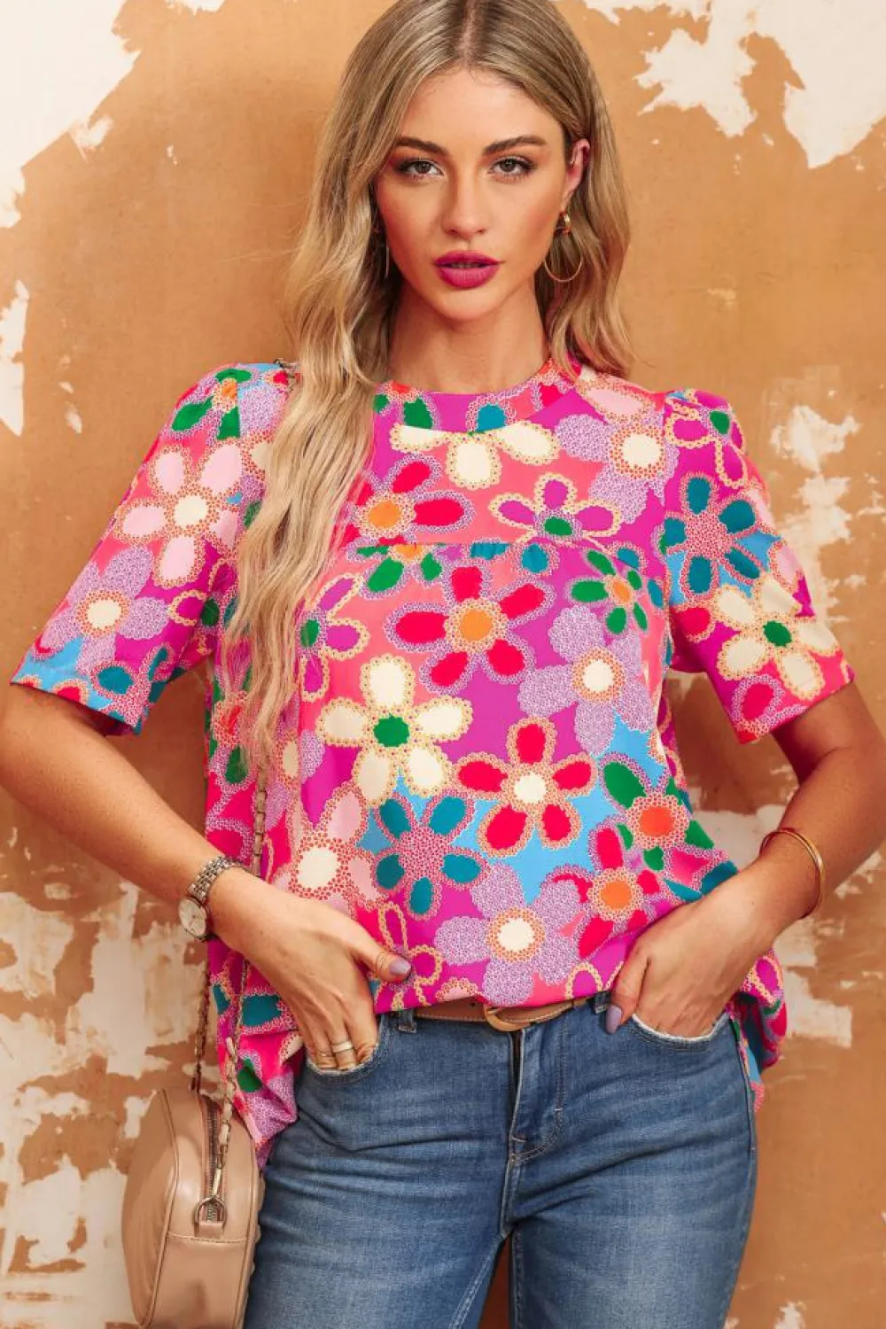 Best Dear-Lover Boho Flower Print Puff Short Sleeve Top Purple
