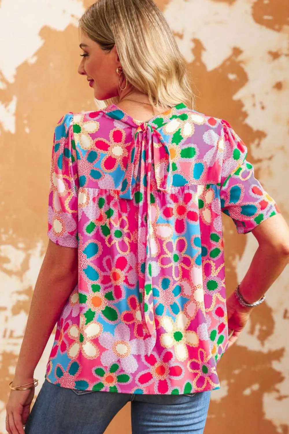 Best Dear-Lover Boho Flower Print Puff Short Sleeve Top Purple