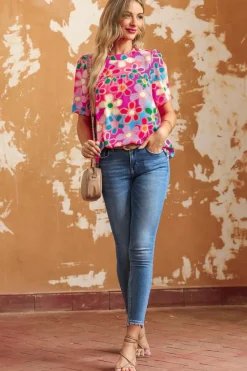 Best Dear-Lover Boho Flower Print Puff Short Sleeve Top Purple