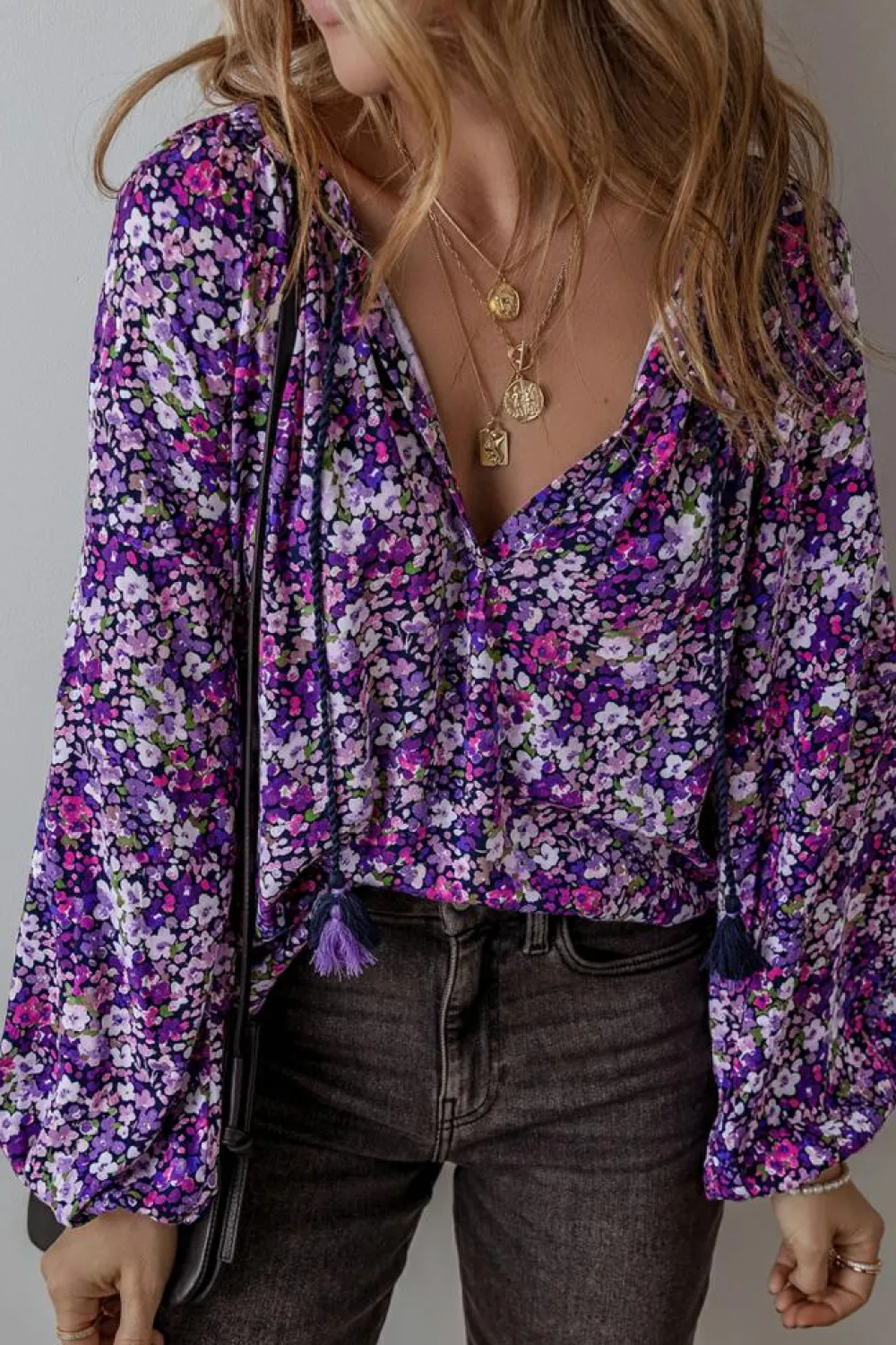 New Dear-Lover Boho Flower Split V Neck Bubble Sleeve Blouse Purple