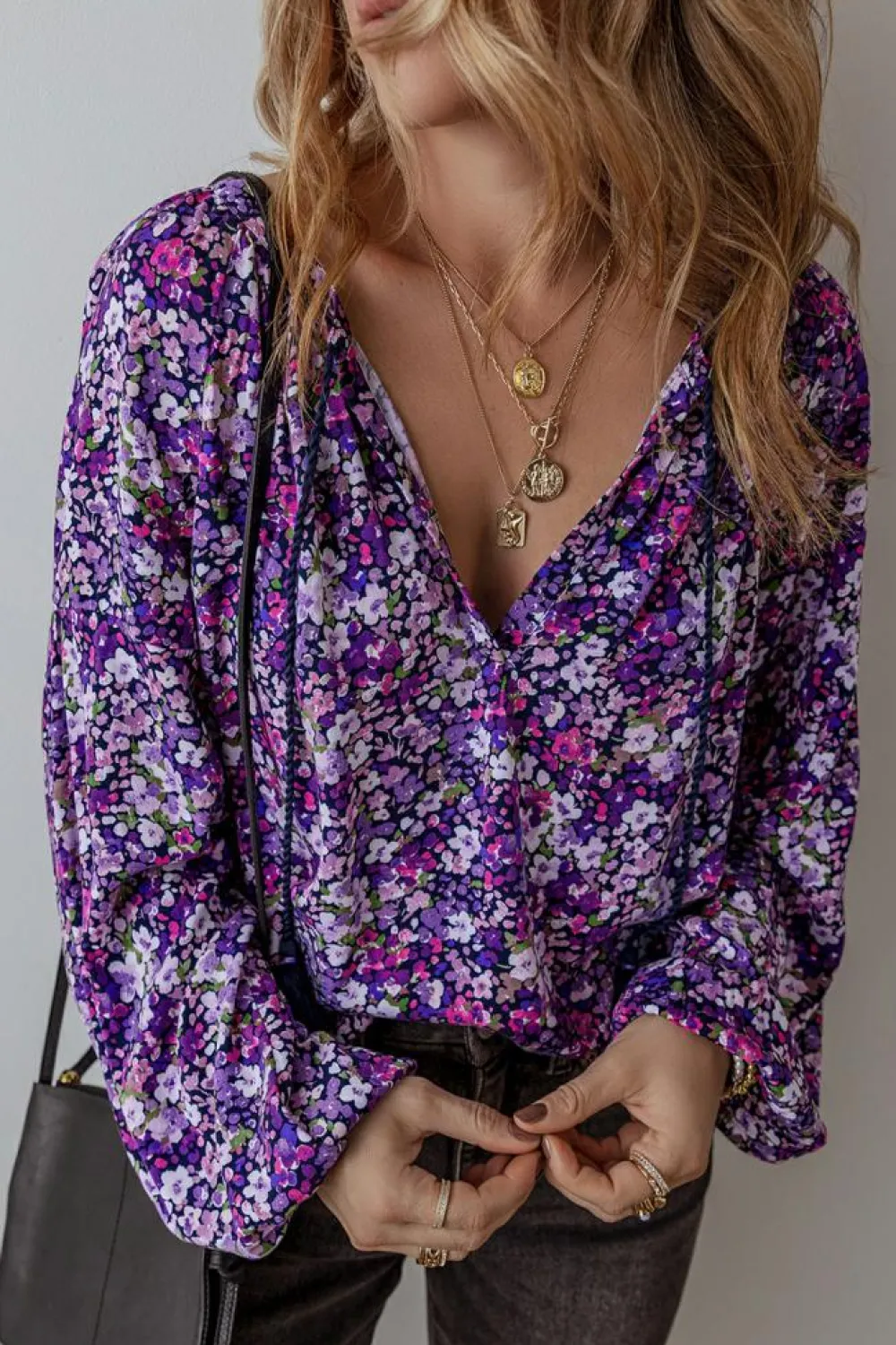New Dear-Lover Boho Flower Split V Neck Bubble Sleeve Blouse Purple