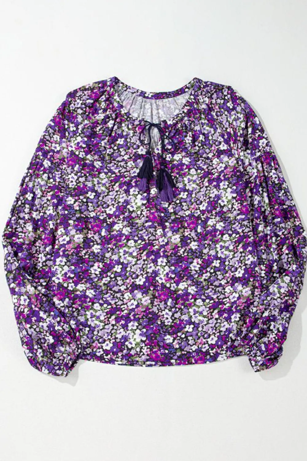 New Dear-Lover Boho Flower Split V Neck Bubble Sleeve Blouse Purple