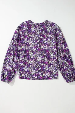 New Dear-Lover Boho Flower Split V Neck Bubble Sleeve Blouse Purple
