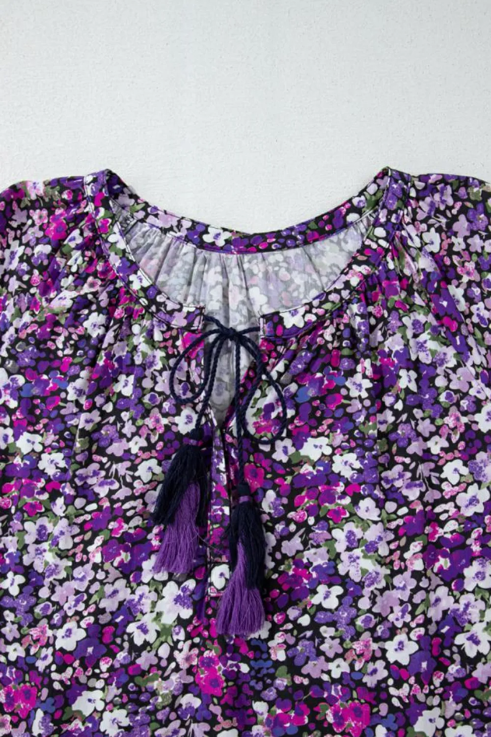 New Dear-Lover Boho Flower Split V Neck Bubble Sleeve Blouse Purple