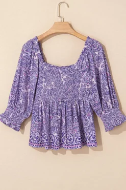 Hot Dear-Lover Boho Paisley Print Half Sleeve Shirred Peplum Blouse Purple