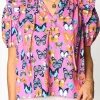 New Dear-Lover Butterfly Print Ruffled Puff Sleeve Tied V Neck Blouse Purple