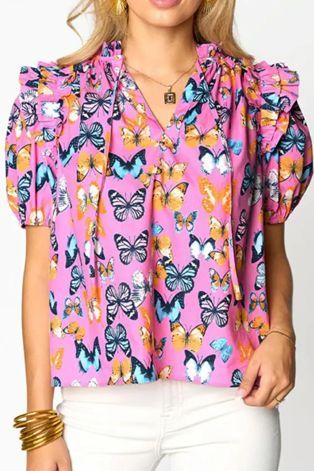 New Dear-Lover Butterfly Print Ruffled Puff Sleeve Tied V Neck Blouse Purple
