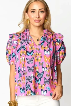 New Dear-Lover Butterfly Print Ruffled Puff Sleeve Tied V Neck Blouse Purple