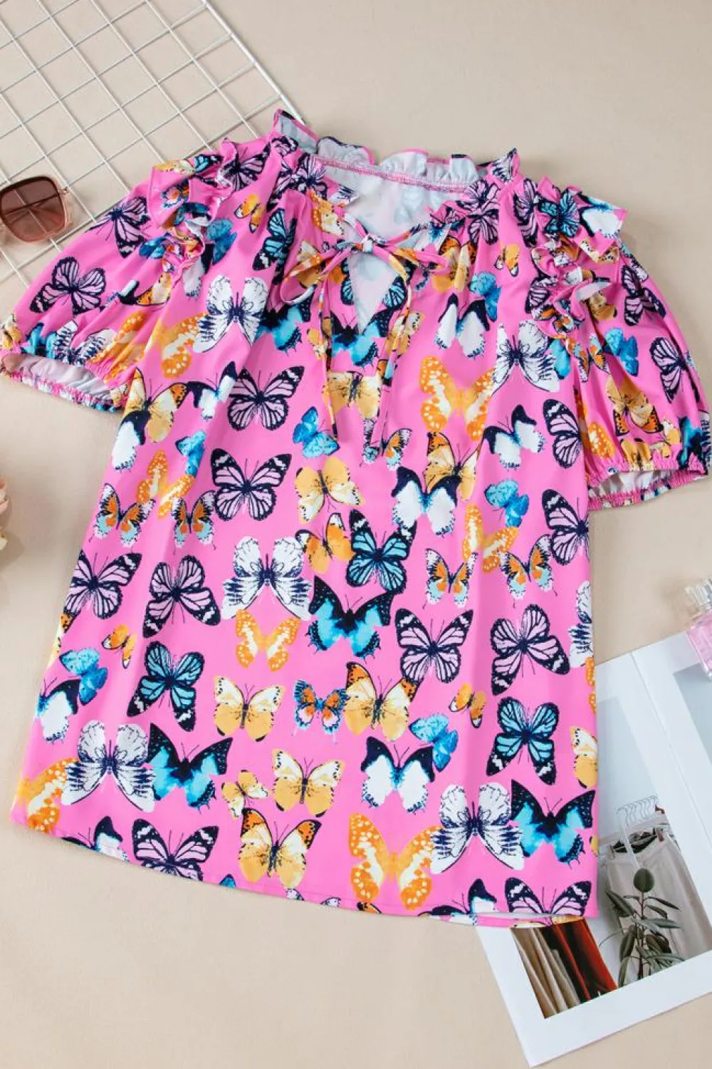 New Dear-Lover Butterfly Print Ruffled Puff Sleeve Tied V Neck Blouse Purple