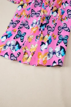New Dear-Lover Butterfly Print Ruffled Puff Sleeve Tied V Neck Blouse Purple
