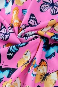 New Dear-Lover Butterfly Print Ruffled Puff Sleeve Tied V Neck Blouse Purple