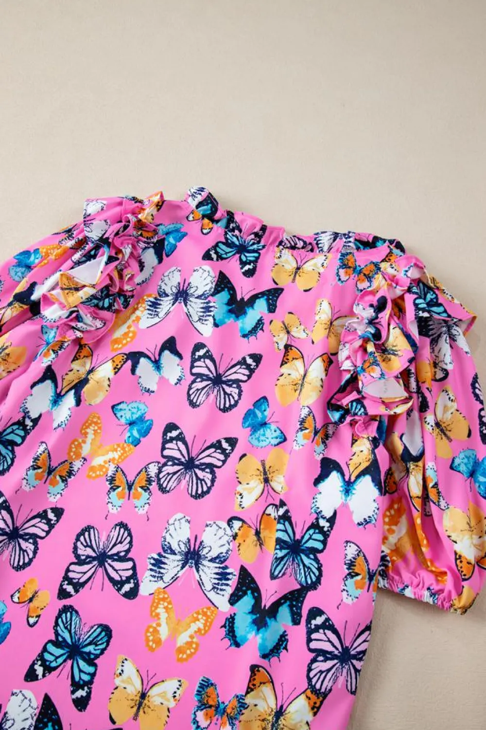 New Dear-Lover Butterfly Print Ruffled Puff Sleeve Tied V Neck Blouse Purple