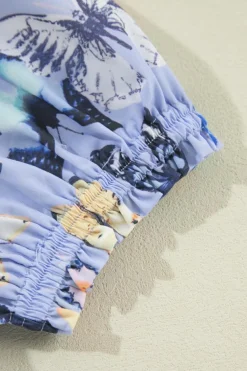 Clearance Dear-Lover Butterfly Print Short Puff Sleeve Pleated Ruffle Dress Purple