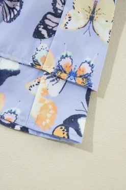 Clearance Dear-Lover Butterfly Print Short Puff Sleeve Pleated Ruffle Dress Purple