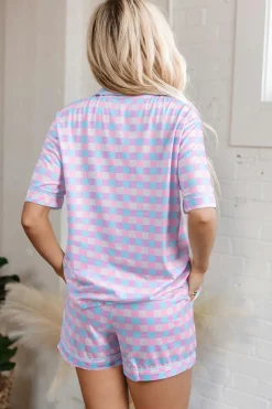 Fashion Dear-Lover Checkered Pattern Short Sleeve Pajamas Set Purple