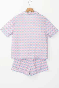 Fashion Dear-Lover Checkered Pattern Short Sleeve Pajamas Set Purple