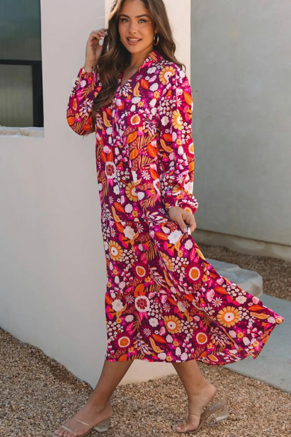 Sale Dear-Lover Collared Tiered Flowy Long Dress Purple