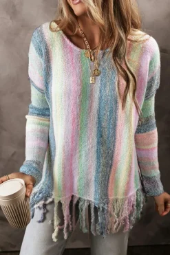 Online Dear-Lover Color Block Fringed Drop Shoulder Tunic Sweater Purple