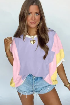 Clearance Dear-Lover Color Block Patchwork Half Sleeve Oversized T Shirt Purple