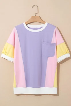 Clearance Dear-Lover Color Block Patchwork Half Sleeve Oversized T Shirt Purple