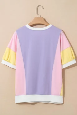 Clearance Dear-Lover Color Block Patchwork Half Sleeve Oversized T Shirt Purple