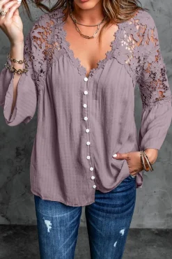 Discount Dear-Lover Crochet Lace Button Top Purple