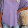 Best Dear-Lover Exposed Seam Half Sleeve Knitted V Neck Textured Top Purple