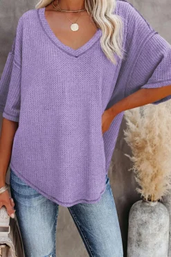 Best Dear-Lover Exposed Seam Half Sleeve Knitted V Neck Textured Top Purple