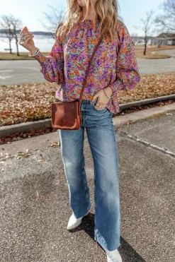 Online Dear-Lover Floral Allover Print Shirred Cuff Frilled O Neck Blouse Purple