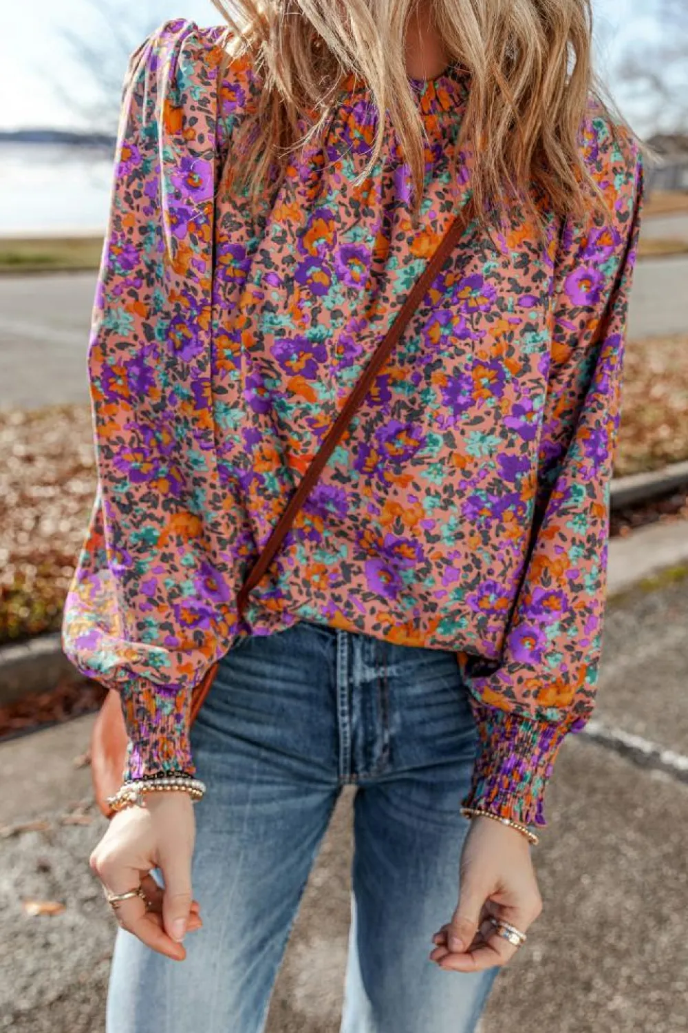 Online Dear-Lover Floral Allover Print Shirred Cuff Frilled O Neck Blouse Purple