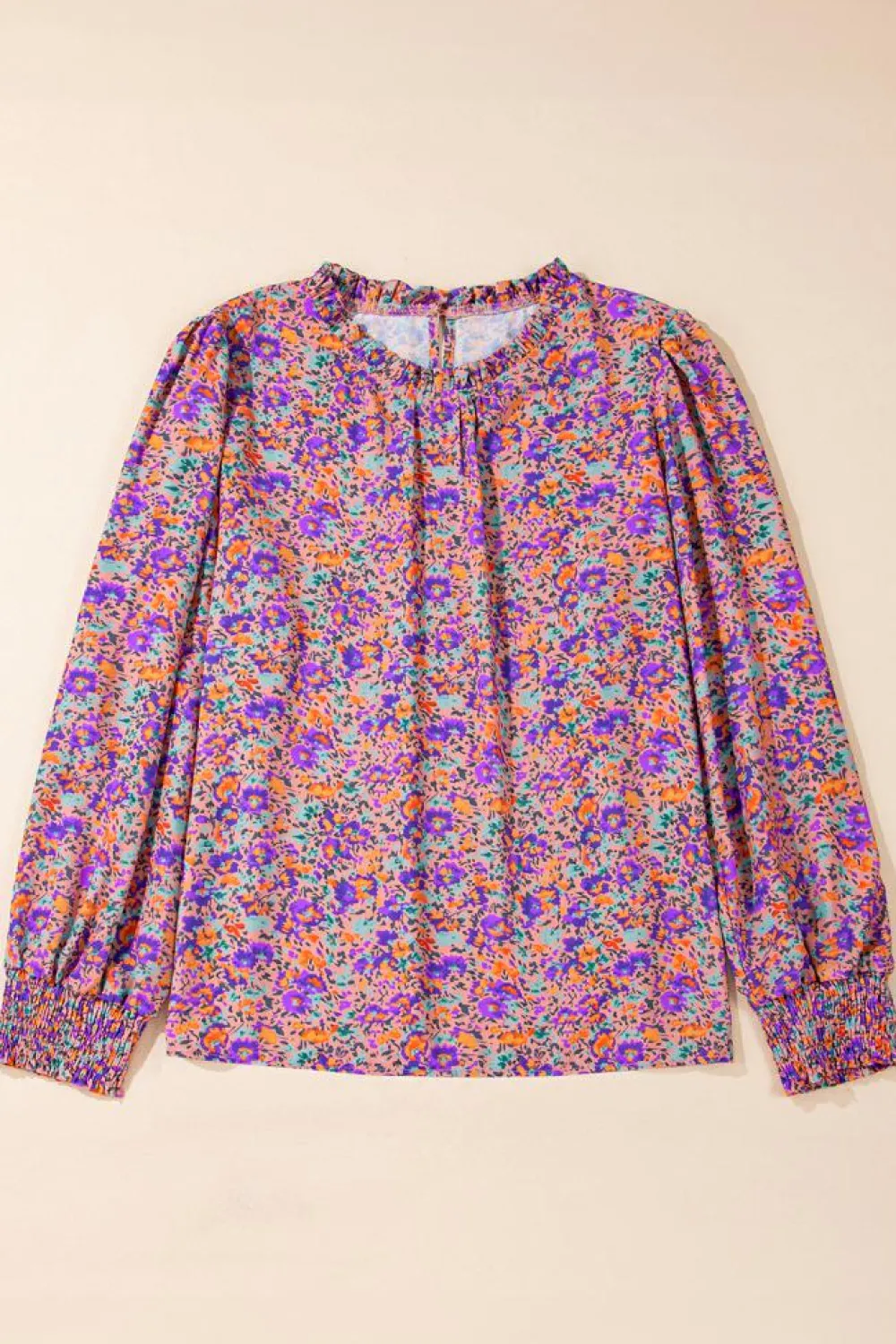 Online Dear-Lover Floral Allover Print Shirred Cuff Frilled O Neck Blouse Purple
