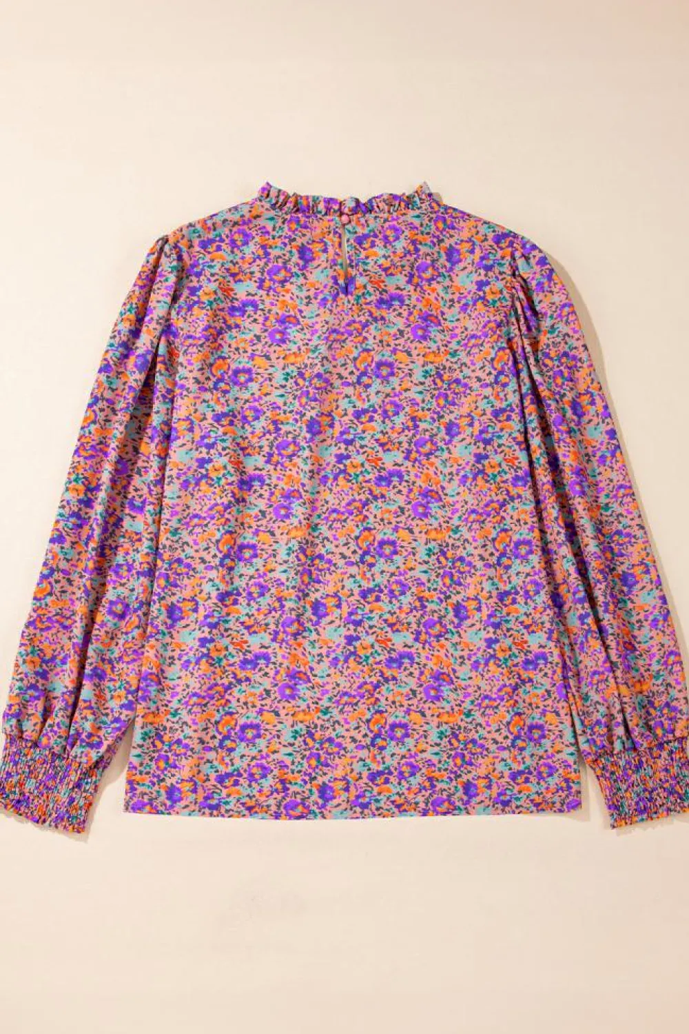 Online Dear-Lover Floral Allover Print Shirred Cuff Frilled O Neck Blouse Purple