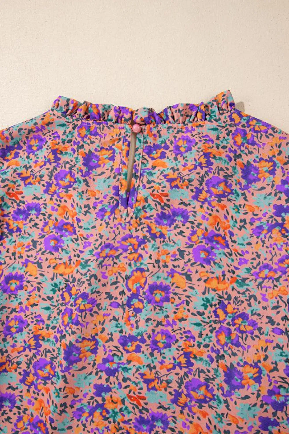 Online Dear-Lover Floral Allover Print Shirred Cuff Frilled O Neck Blouse Purple