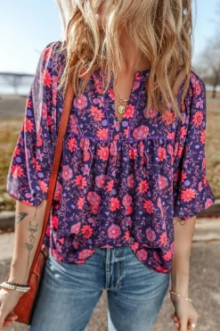 Hot Dear-Lover Floral Half Sleeve Split Neck Blouse Top Purple