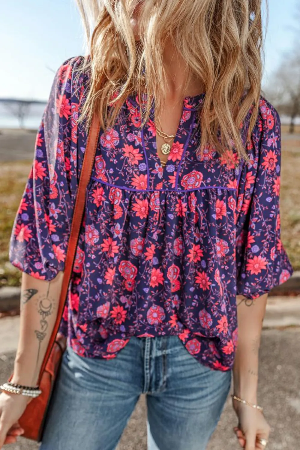 Hot Dear-Lover Floral Half Sleeve Split Neck Blouse Top Purple