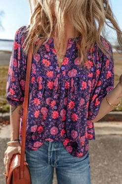 Hot Dear-Lover Floral Half Sleeve Split Neck Blouse Top Purple