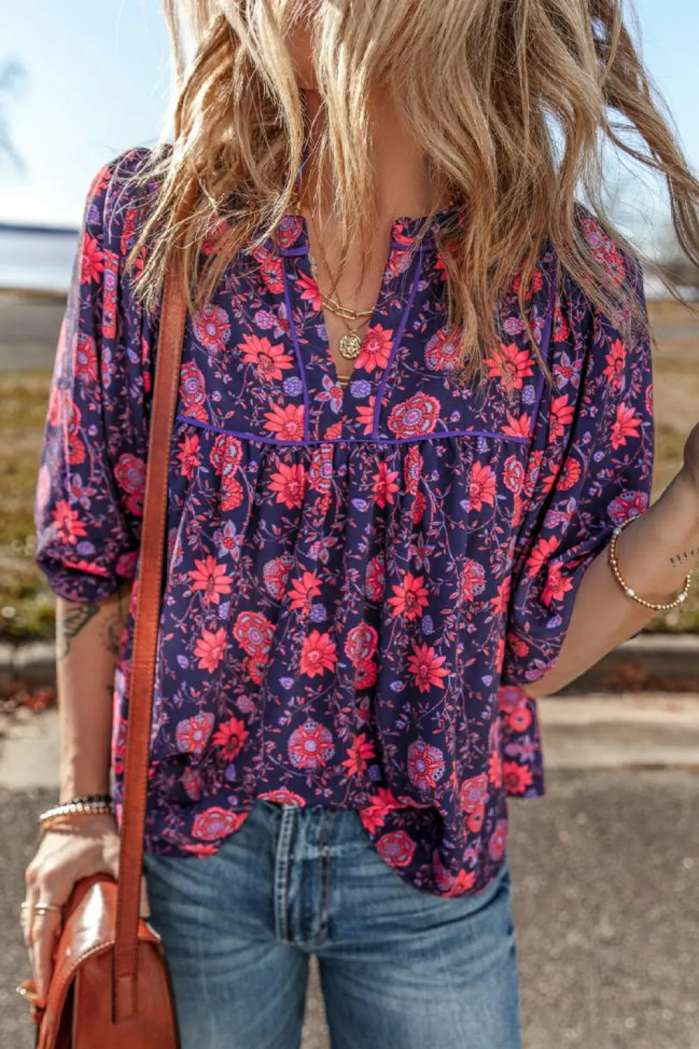 Hot Dear-Lover Floral Half Sleeve Split Neck Blouse Top Purple